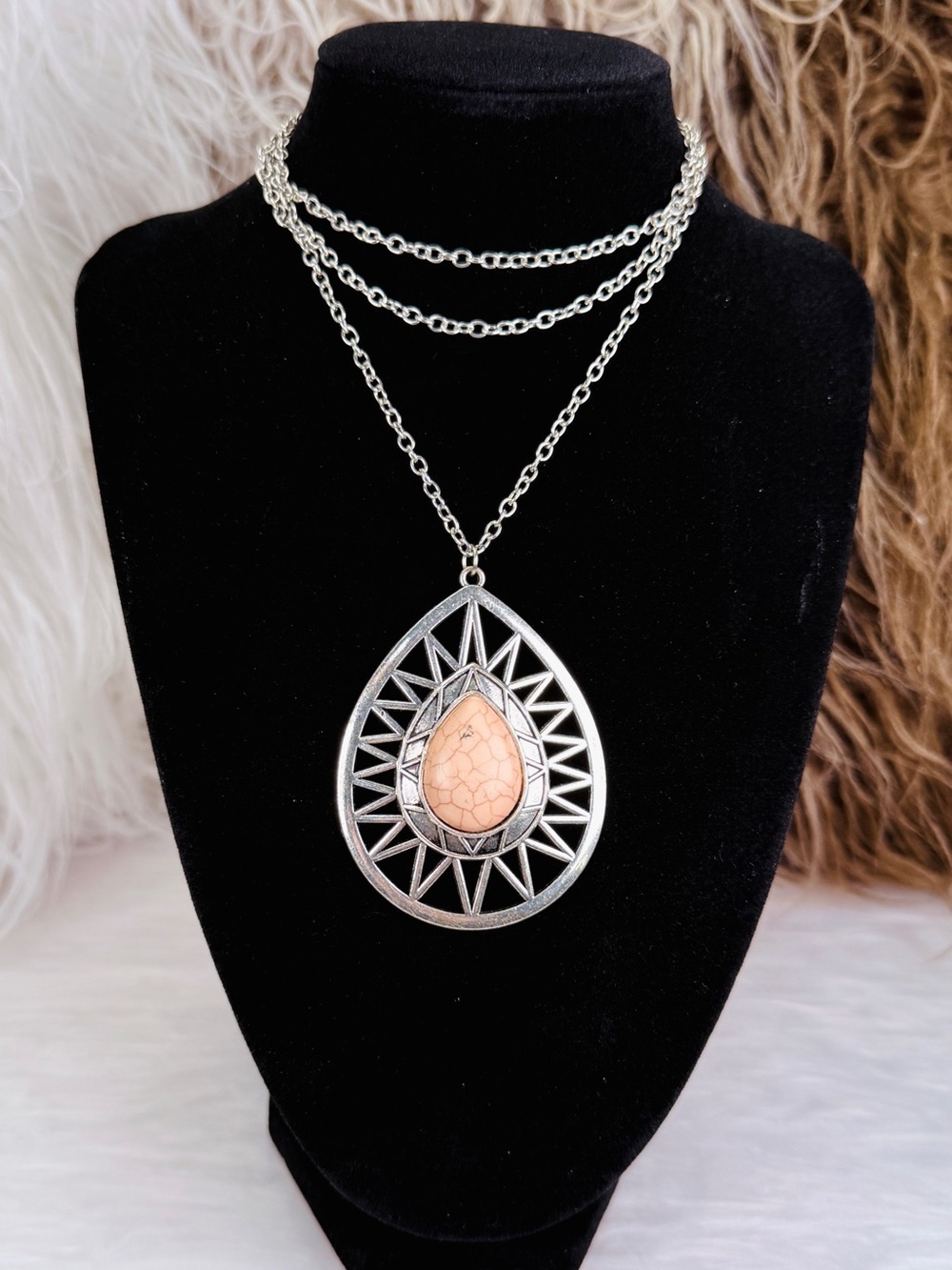 Bohemian Chic Aged Silvertone and Pink Teardrop Pendant Necklace